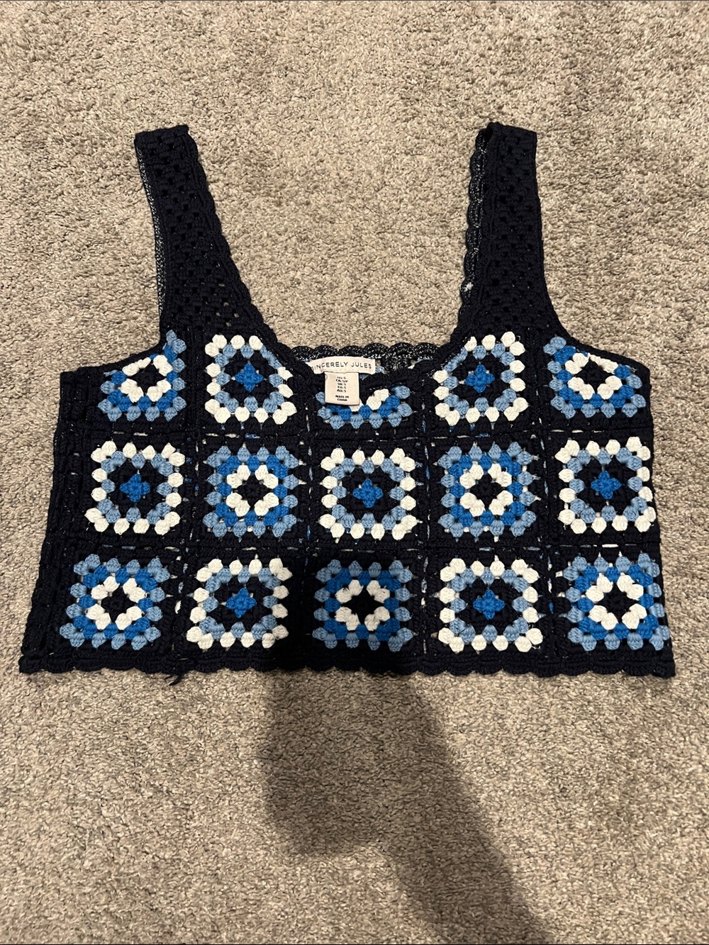 Sincerely Jules Black Crochet Crop Top with Blue & White Squares